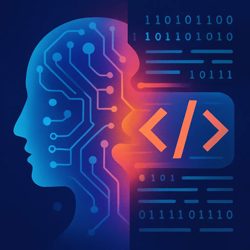 Conceptual image of an AI neural network overlaying lines of computer code, symbolizing the profound impact of AI on software development.