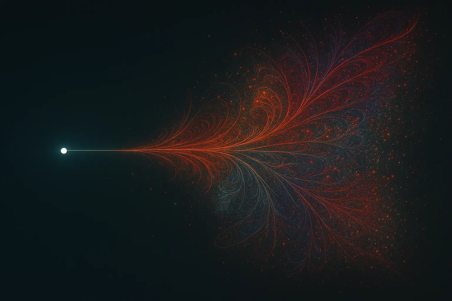 Abstract representation of emergent complexity in chaos theory: simple origins branching into intricate, unpredictable fractal pathways, symbolizing an open future.