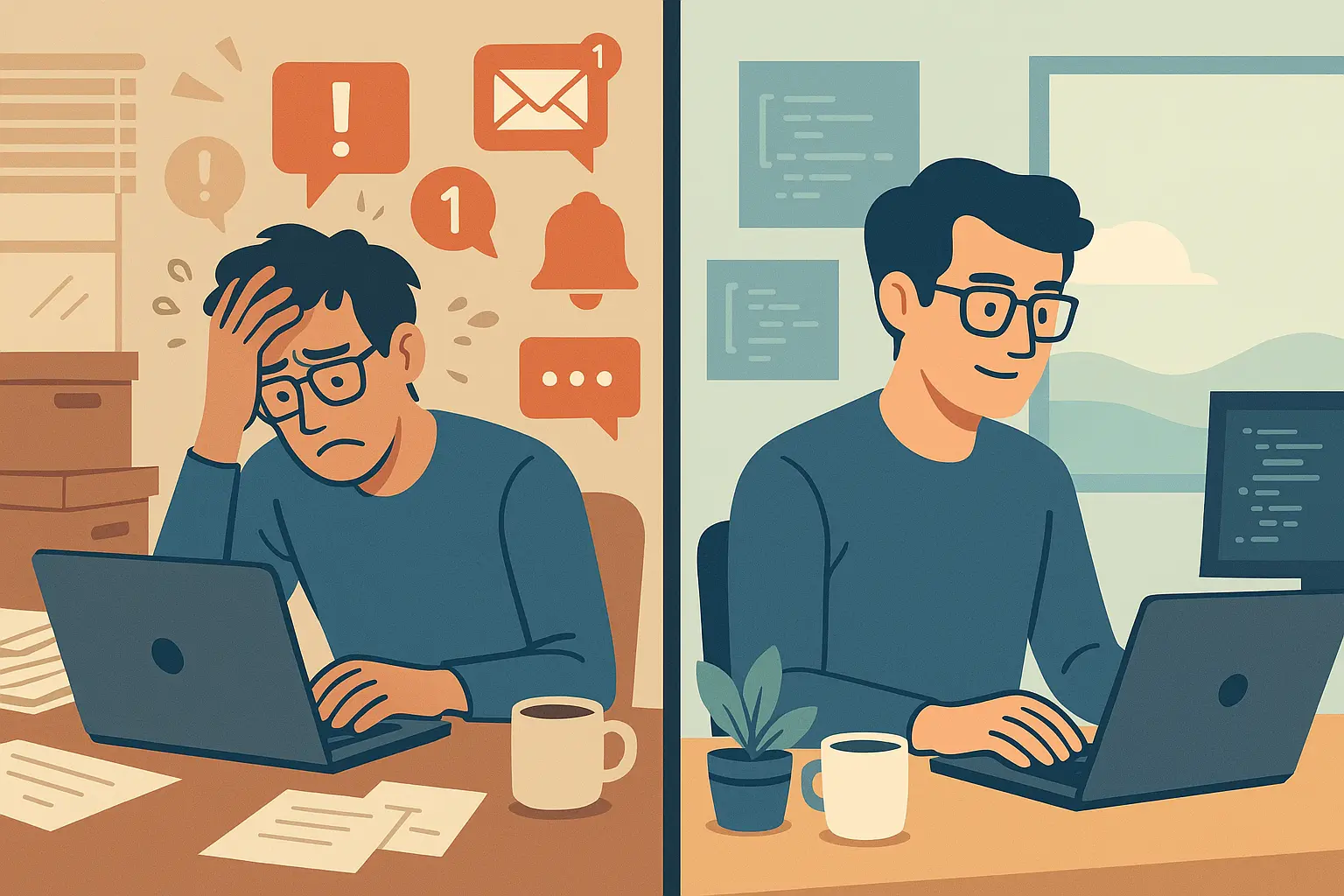 How environment impacts a developer: chaotic workspace causing stress vs. an organized one fostering productivity and calm, highlighting the power of context.
